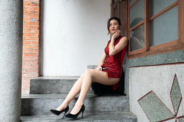 [Mzsock] NO.057 Cai Yixin, ultra short cheongsam, stockings, high heels, beautiful legs, outdoor shot street photography#[55P]-4