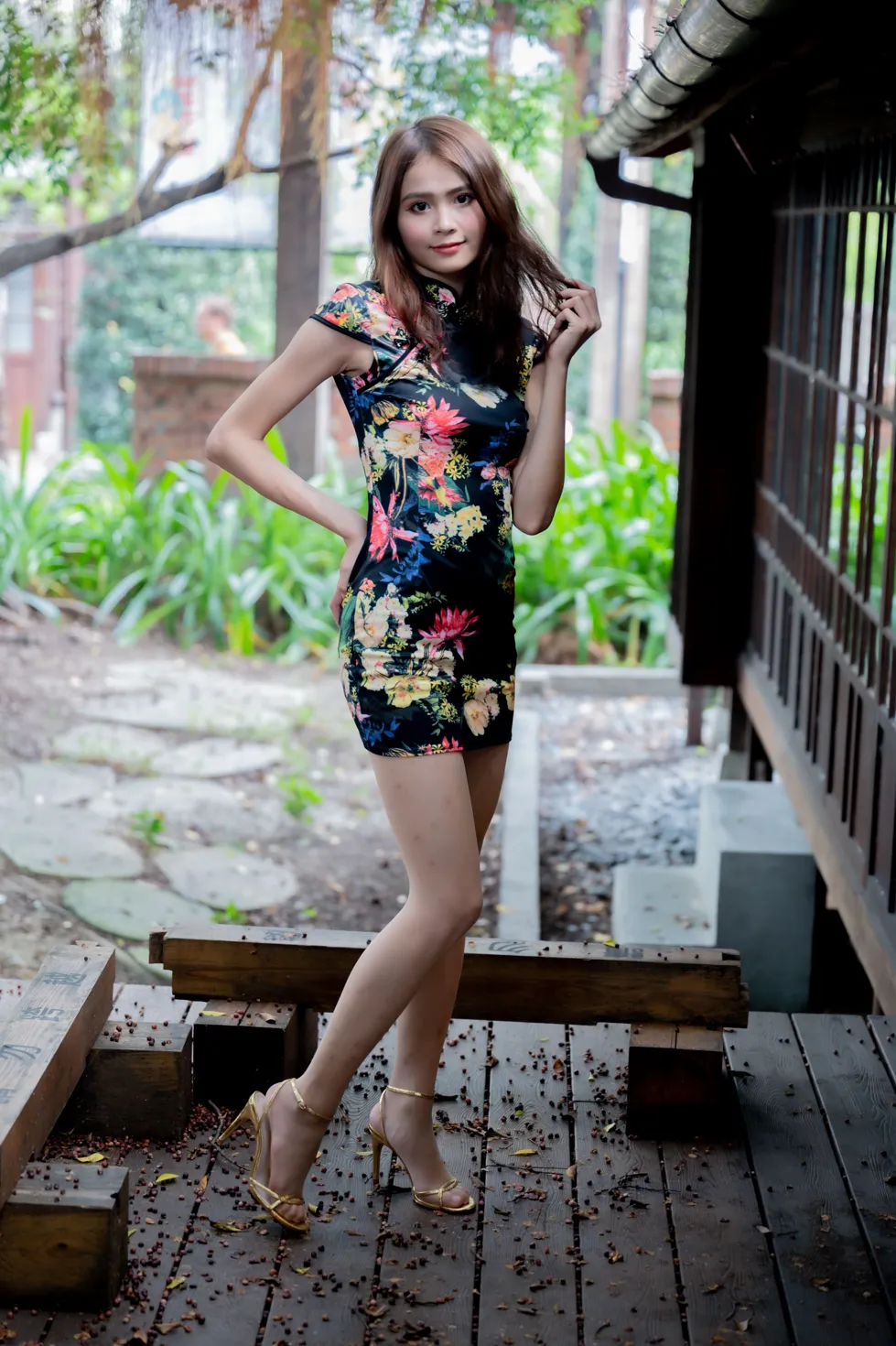 [Mzsock] NO.202 He Jiaxin black flower short cheongsam stockings high heels beautiful legs street photography#[97P]-6