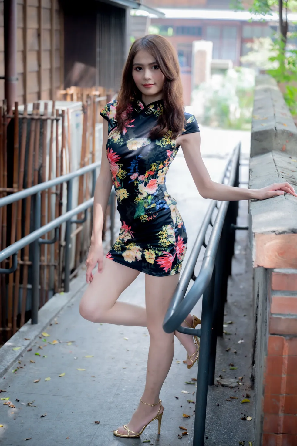 [Mzsock] NO.202 He Jiaxin black flower short cheongsam stockings high heels beautiful legs street photography#[97P]-5