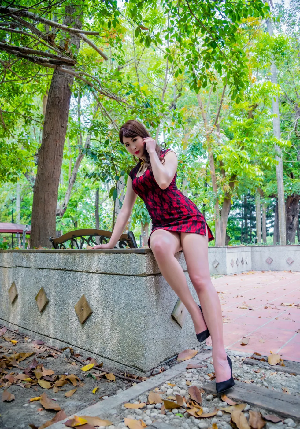 [Mzsock] NO.177 Wu Yuqi Red Flower Short Cheongsam High Heels Beautiful Legs street photography#[105P]-1