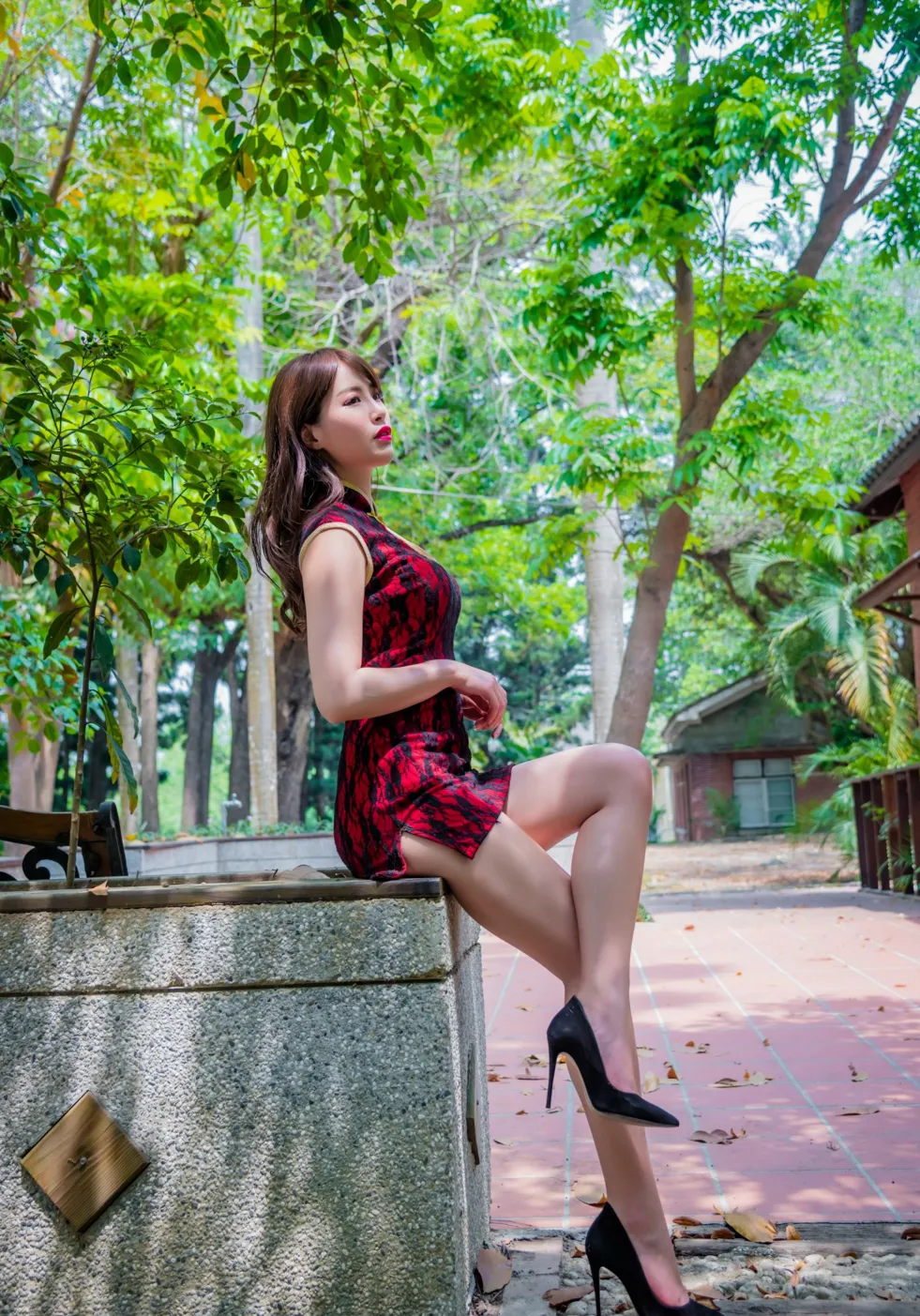 [Mzsock] NO.177 Wu Yuqi Red Flower Short Cheongsam High Heels Beautiful Legs street photography#[105P]-5