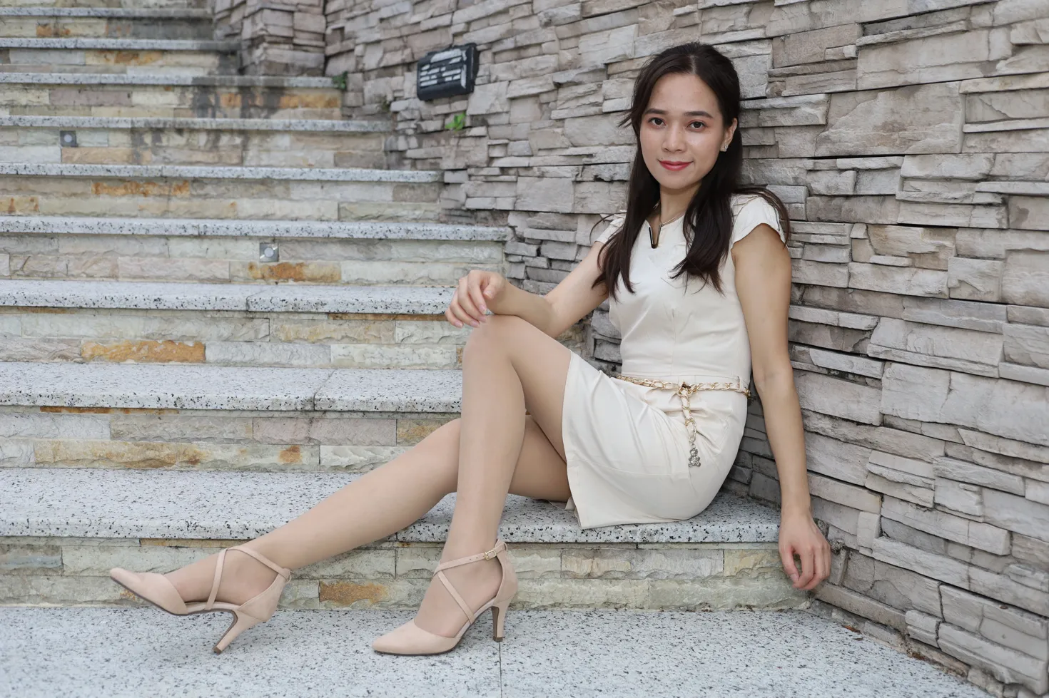 [Mzsock] NO.107 Vency Shen beige dress stockings high heels beautiful legs street photography#[70P]-4